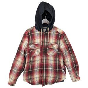 Legendary Outfitters Flannel Hooded Jacket Mens Red Cream Plaid Insulated Size M